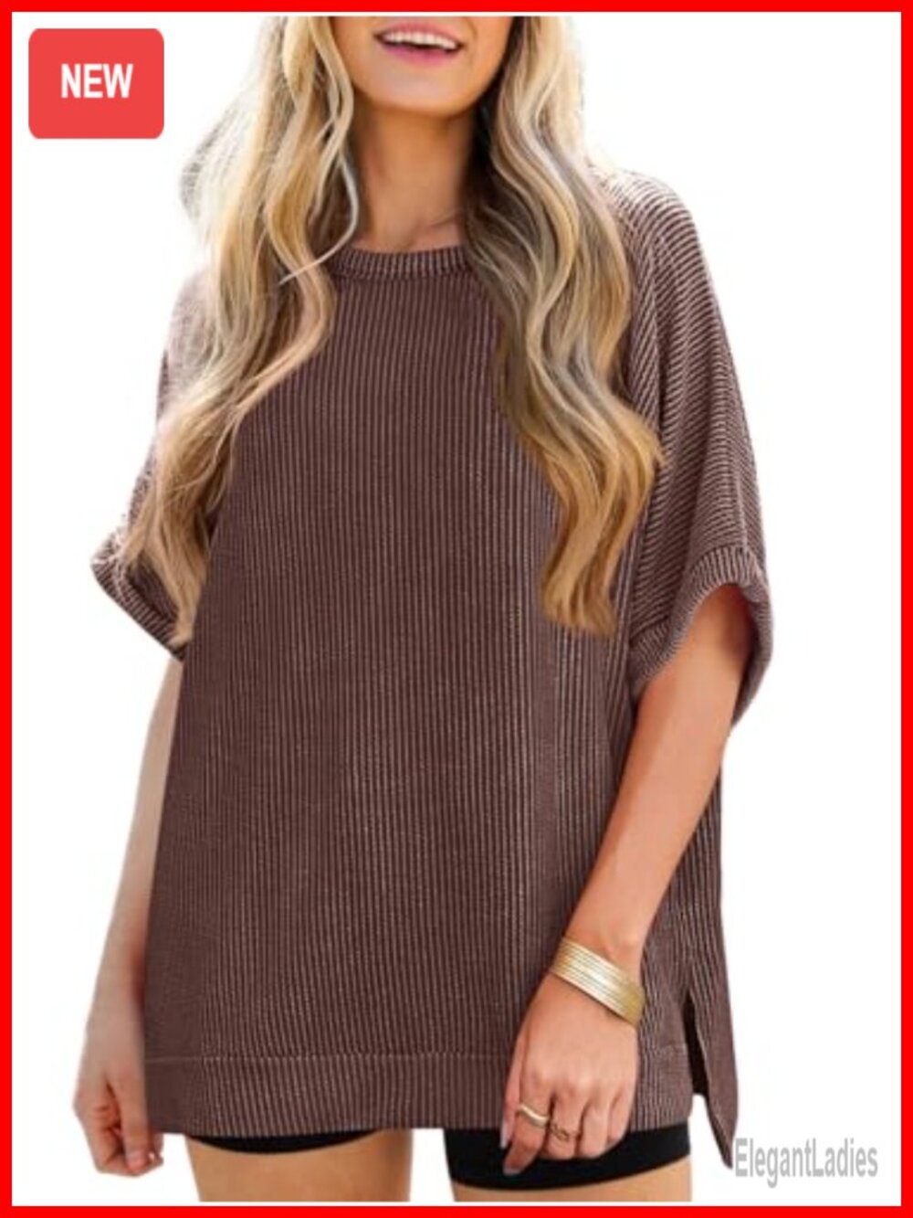 Women's Oversized Ribbed Knit Tunic Top Dolman Short Sleeve Loose Fit Tee